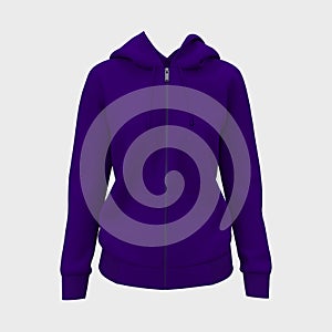 Blank hooded sweatshirt  mockup with zipper in front view, isolated on white  background, 3d illustration