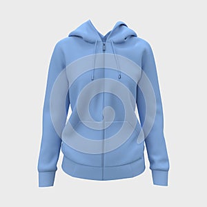 Blank hooded sweatshirt  mockup with zipper in front view, isolated on white  background, 3d rendering, 3d illustration