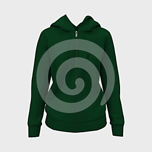 Blank hooded sweatshirt  mockup with zipper in front view, isolated on white  background, 3d rendering, 3d illustration