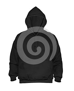 Blank hoodie sweatshirt color black on invisible mannequin template front view on white background