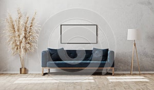 Blank horizontal frame on gray decorative plaster wall in modern  living room interior with dark blue sofa, floor lamp, 3d