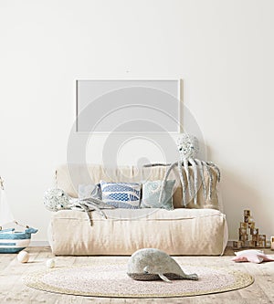 Blank horizontal frame mock up in kids room interior background with bed and soft toys, 3d rendering