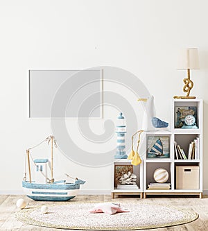 Blank horizontal frame mock up in scandinavian style children`s room interior with kids shelf with books and toys, 3d rendering