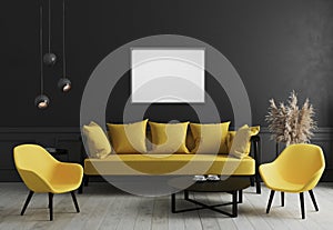 Blank horizontal picture frame mock up in Modern room interior background with black wall and stylish yellow sofa and design