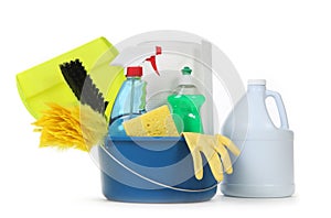 Blank Household Cleaning Supplies in a Bucket