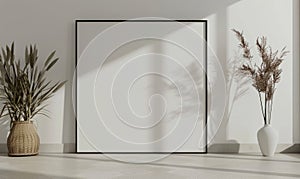 A blank image frame mockup on a light gray wall