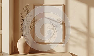 A blank image frame mockup on a soft peachy beige wall in a Scandinavian-style interior room