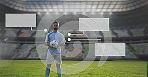 Blank infographic panels and Soccer player holding football in stadium