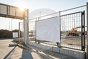 Blank information banner on construction site gate