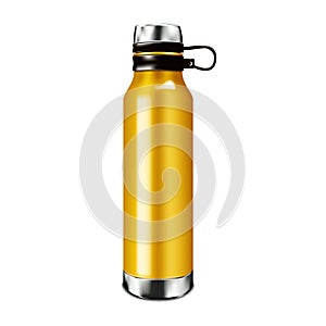 Blank insulated water bottle isolated on white background, realistic vector mock-up. Stainless steel color shiny metal sport flask