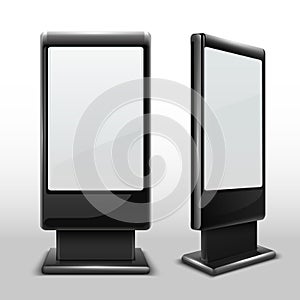 Blank interactive outdoor kiosk. Digital tv standing touch screen isolated vector mockup