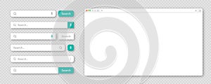 Blank internet browser window with various search bar templates. Web site engine with search box, address bar and text