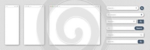 Blank internet browser window with various search bar templates. Web site engine with search box, address bar and text