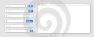 Blank internet browser window with various search bar templates. Web site engine with search box, address bar and text