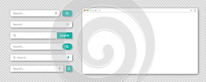 Blank internet browser window with various search bar templates. Web site engine with search box, address bar and text