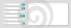 Blank internet browser window with various search bar templates. Web site engine with search box, address bar and text