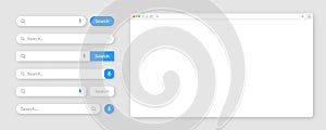 Blank internet browser window with various search bar templates. Web site engine with search box, address bar and text