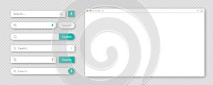 Blank internet browser window with various search bar templates. Web site engine with search box, address bar and text