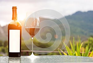 Blank label bottle of red wine with a glass on nature