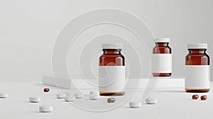 blank label bottles container with antibiotic capsules on white background.