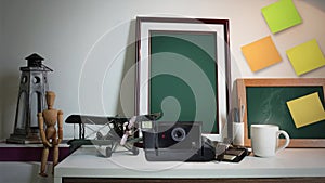 Blank Laptop With Old Camera on Table, Mockup Designer,