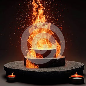 blank lavastone podium with fire splash decoration background.generative AI