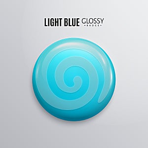 Blank light blue glossy badge or button. 3d render. Round plastic pin, emblem, volunteer label. Vector.