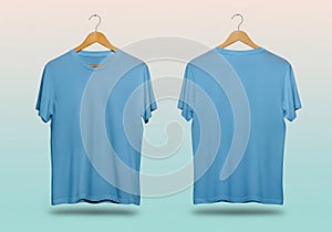 Blank Light Blue T-Shirt Front and Back Mockup on Hangers