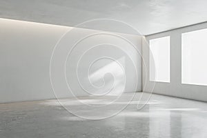 Blank light wall in sunny spacious empty room with big windows and concrete floor. 3D rendering