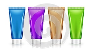 Blank lilac cosmetic tube design set mockup. Beauty care cream or gel plastic package