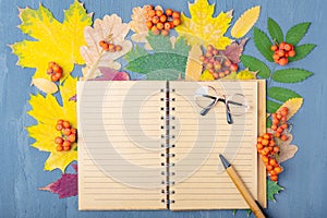 Blank lined craft notebook, pen and glasses on a background of autumn dry colorful leaves.