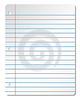 Blank lined white paper sheet from notebook with blue lines on white background