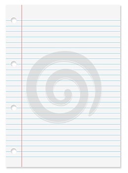 Blank lined white paper sheet from notebook on white background with blue lines, margin, holes and drop shadow with copy space