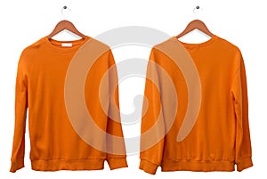 Blank long sleeved shirt mock up template, front and back view, isolated on white, plain orange t-shirt mockup. Tee sweater