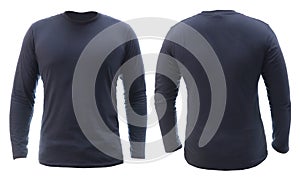 Blank long sleeved shirt mock up template, front and back view, plain dark navy blue t-shirt isolated on white.Tee design mockup