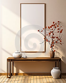 Blank long vertical photo poster frame on beige wall in Japanese living room wooden chinese console table decorative item on