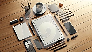 Blank Magazine Mockup with Coffee and Notebook on Wooden Table