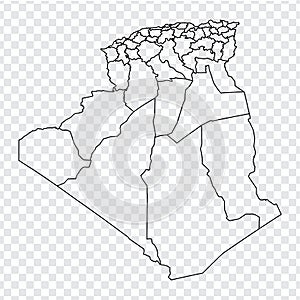 Blank map of Algeria. High quality map of Algerian People`s Democratic Republic with provinces on transparent background for your