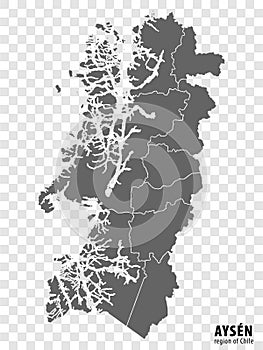 Blank map Aysen Region of Chile. High quality map Aysen with municipalities on transparent background photo