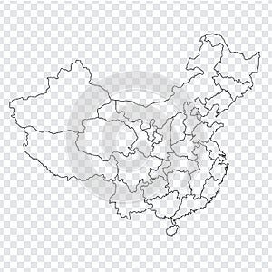 Blank map China. Map of China with the provinces. High quality map of China on transparent background. Stock vector.