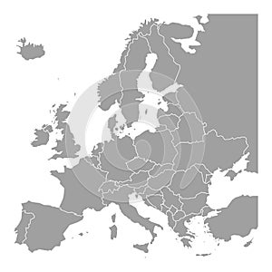 Blank map of Europe. Simplified vector map in grey with white borders on white background