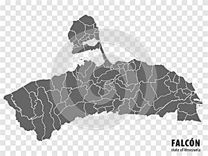 Blank map Falcon State of Venezuela. High quality map Falcon State with municipalities on transparent background