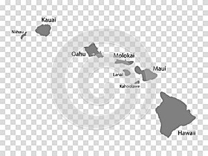 Blank map Hawaii in gray. Every Island map is with titles. High quality map of  Hawaii Islands on transparent background for your