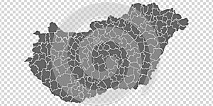 Blank map Hungary. Districts of Hungary map. High detailed gray vector map of Hungary on transparent background for your web site