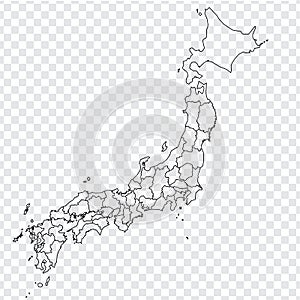 Blank map of Japan. High quality map of Japan with provinces on transparent background for your web site design, logo, app, UI. As
