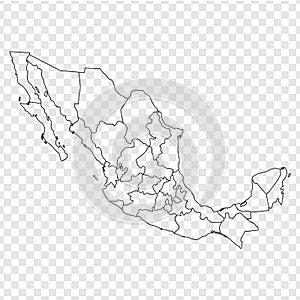 Blank map Mexico. Map of Mexico with the provinces. High quality map of Mexico on transparent background.