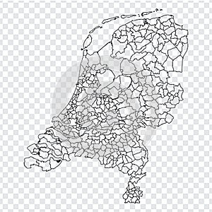 Blank map Netherlands. Districts of Netherlands map. High detailed vector map Kingdom of Netherlands on transparent background for