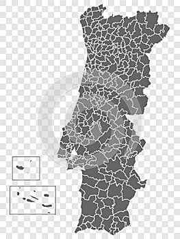 Blank map of Portugal. Departments of Portugal map. High detailed gray vector map of Portugal on transparent background