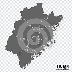 Blank map Province Fujian of China. High quality map Fujian with municipalities on transparent background