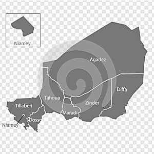 Blank map Republic of Niger in gray. Every region map is with titles. High quality map of  Niger with provinces on transparent bac